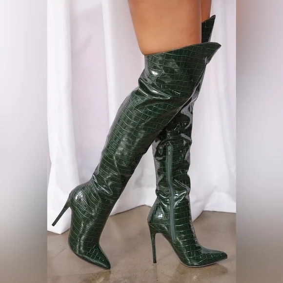 Fashion Nova Green Croc-Embossed Over The Knee Boots | Size 7.5 | Stiletto Heel - Picture 2 of 8